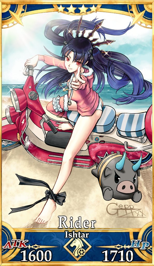 Geppz's tweet photo. My entry for @ChaldeaCollab ! Summer Ishtar doing the "Kaneda slide". (Feat. cute pig) https://t.co/a3dh945wyU