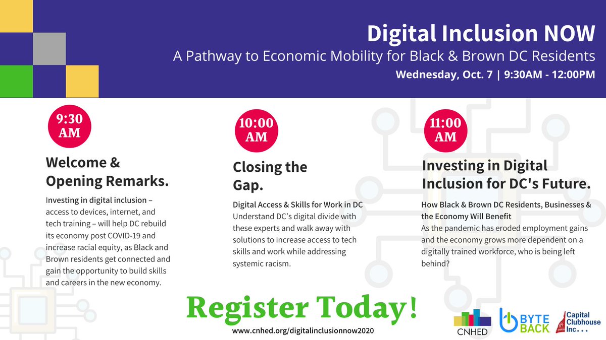 TheCoalition_DC's tweet photo. Check out the schedule for our Digital Inclusion NOW virtual event as part of #CDWeek2020 and #DIW2020. Huge thanks to our partners @ByteBackDC and @CapitalClubDC for pulling this together. https://t.co/aKoE7AlvEb
