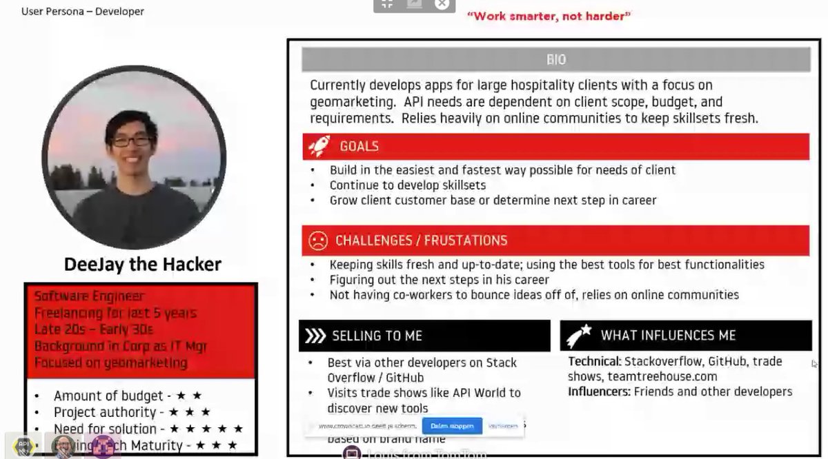 APItheDocs's tweet image. "DeeJay the Hacker" - @ldebatte gives us an insight into the actual personas they used for @TomTomDevs' #DevPortal and explains how they optimized their portal for their individual needs. #APItheDocs #APItheDocsVirtual