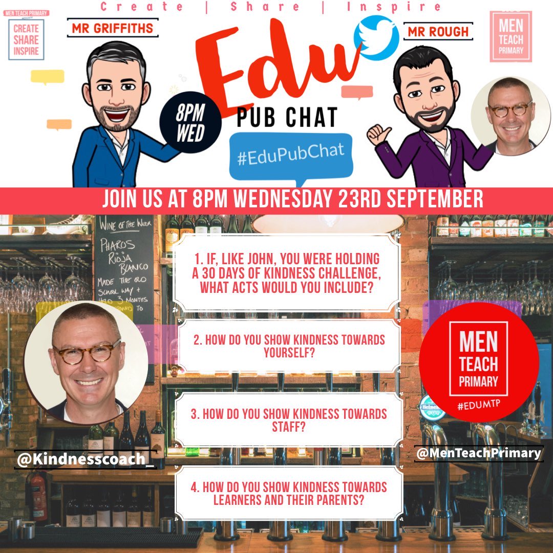 Create | Share | Inspire 💫

Really looking forward to #EduPubChat tonight and sharing all things kindness related to you, staff parents &amp; learners discussion starts at 8PM! 

Join our fantastic hosts <a href="/teacher_mr_r/">Andrew Rough</a> &amp; @TJGriffiths at 8PM and follow the hashtag! 🍹
🍺🥜😁👍🏻❤️