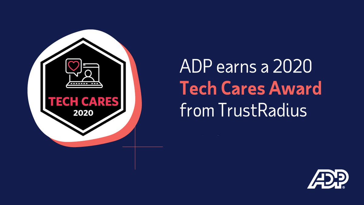 ADP's tweet image. ADP is a proud recipient of the 2020 Tech Cares Award from @trustradius for our commitment to helping businesses navigate rapidly changing laws, loan programs, and safety requirements related to COVID-19. Learn more: bit.ly/2EvQEui #TechCares