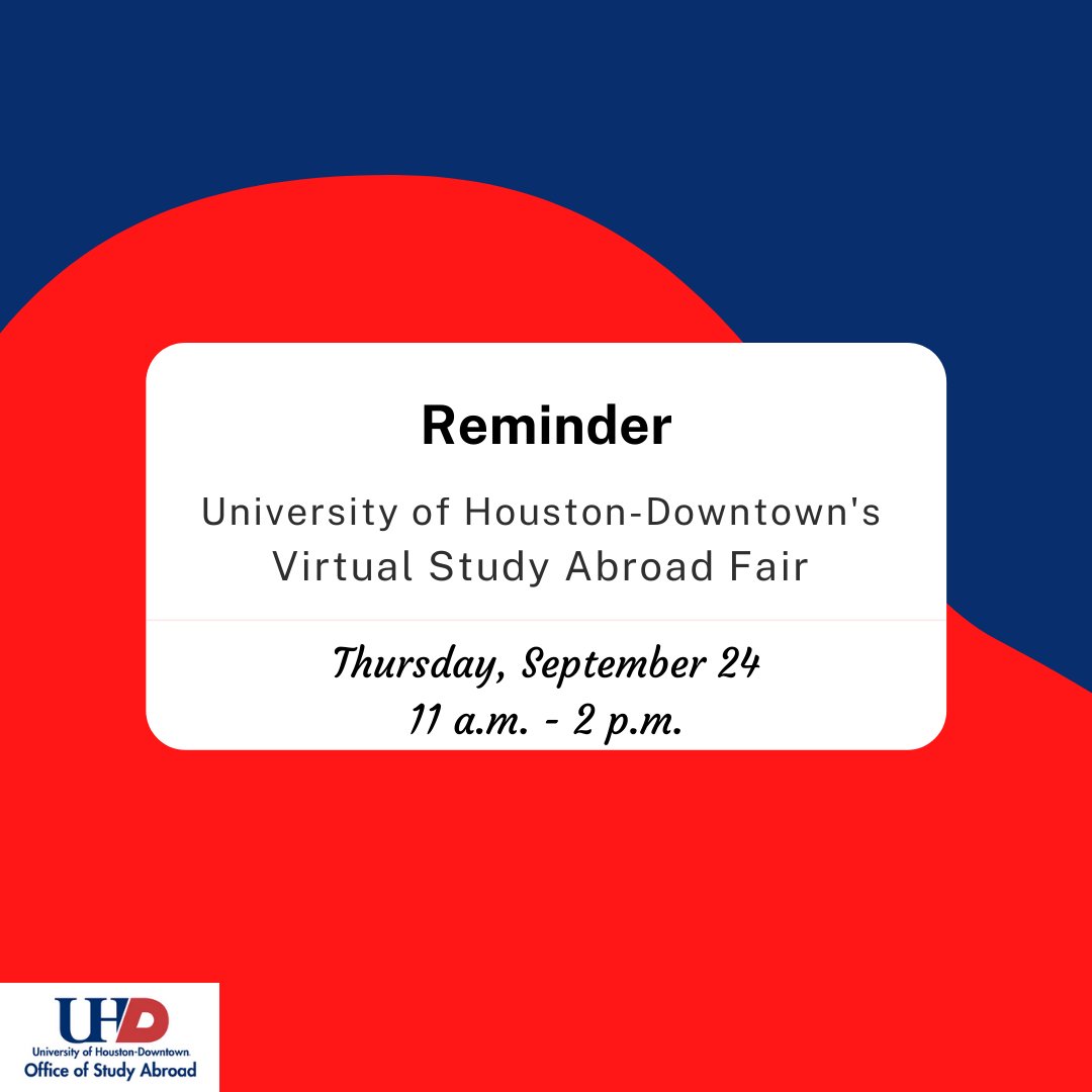 UHDStudyAbroad's tweet photo. A friendly reminder that our Virtual Study Abroad Fair takes place Thursday, Sept. 24 from 11am – 2pm. Don’t miss out on your opportunity to learn about the study abroad opportunities that await you. Register > https://t.co/lNnzD9URpj 

#uhdabroad #studyabroadfair #uhdgators https://t.co/m4CZANNrah