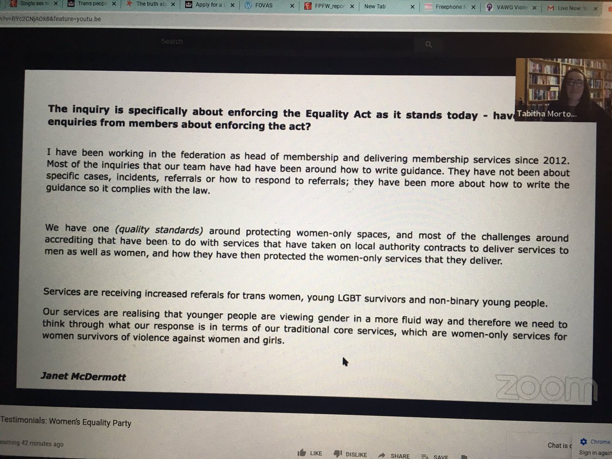  #VAWG  #WEPfactcheck Tabitha Morton is reading a statement from Janet McDermott from Women’s Aid. Her statement says they have asked for legal guidance around providing services for trans and non binary demographics.