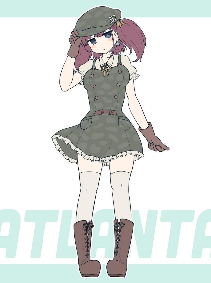 atlanta (kancolle) 1girl solo gloves hat boots brown hair earrings  illustration images