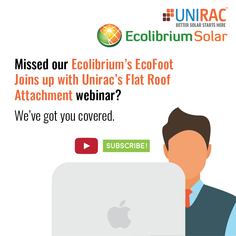 EcolibriumSolar's tweet photo. Missed our Ecolibrium’s EcoFoot Joins up with Unirac’s Flat Roof Attachment webinar? Not to worry, you can watch it right here! And don't forget to subscribe to our YouTube channel. https://t.co/ZQfAUeArBm https://t.co/H9MkPqqBjT