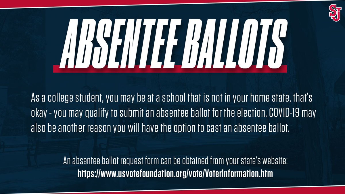 SJU_SAAC's tweet photo. Day 3 of SAAC Voting Education Week is all about Absentee Ballots! Be sure to also the RedStorm Voting Guide document shared through Teamworks for specific details! #vote https://t.co/5mIFSEqkBU