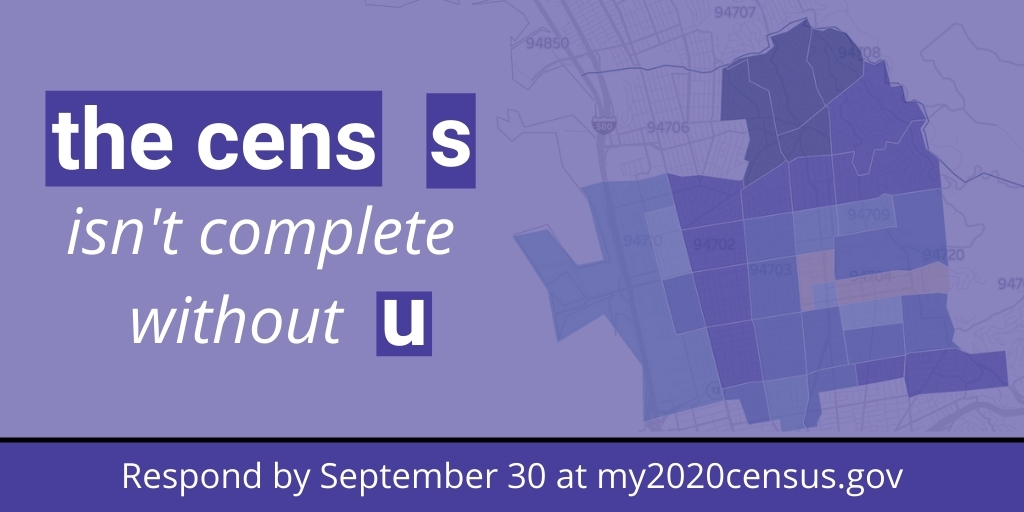 CityofBerkeley's tweet photo. Only one week left to complete the #2020Census!
Take 10 minutes to make an impact that lasts 10 years. Get counted today 👉🏽 https://t.co/ITKwGm1ukG. #BerkeleyCounts https://t.co/zHMdRNRZMI