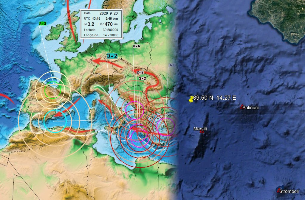 2016Disclosure's tweet photo. An M3.2 earthquake struck in the Tirrenian Sea 24 km NW of underwater #MarsiliVolcano, the depth is 470 km. This movement can cause a shallow one up and above M4 in the surrounding areas in few days, or a swarm of minor shakes. #NewsBurstLive https://t.co/gv1Zpcp3r7