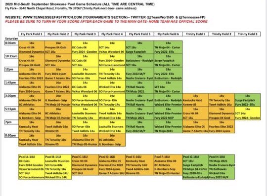 HatfieldJacey's tweet photo. Here’s our schedule for this upcoming weekend! We’re playing at Fly Park in Franklin, Tennessee. #14 #fury2022 #gmf https://t.co/GeaJv1doWQ