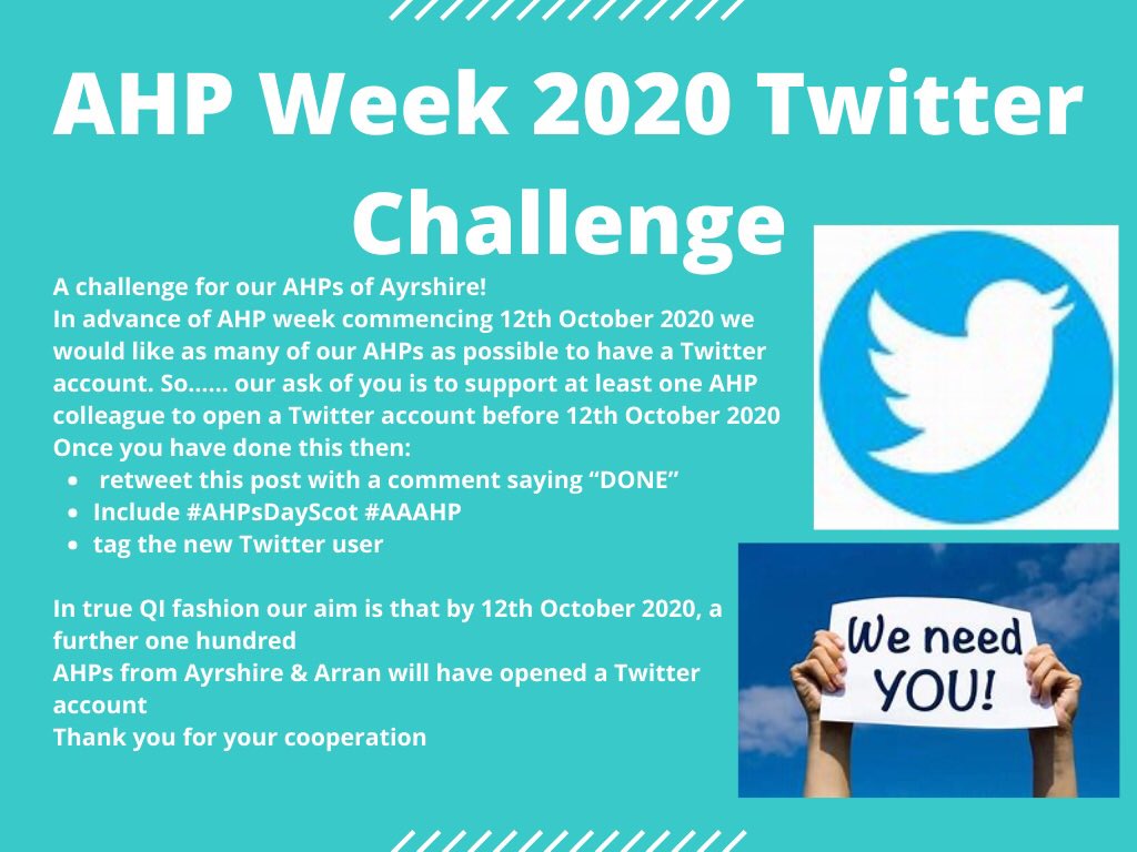 Connie Murray (@connieahpmurray) on Twitter photo Come on OT’s in Ayrshire and Arran. Join the challenge to get other AHPs on Twitter @lkerrahpmh <a href="/Alistair_ahp/">Alistair Reid</a> <a href="/JaneRitchie17/">Jane Ritchie</a> <a href="/Aud1974/">Audrey Lambe</a> <a href="/Aileenahpmh/">#hellomynameisAileen</a> <a href="/OTsouth/">South Ayrshire OT</a> <a href="/eastayrshireOT/">East Ayrshire OT</a> <a href="/KNicholson73/">Kirsty Nicholson</a> <a href="/wilcox_27/">Karen Wilcox</a> Come on OT’s in Ayrshire and Arran. Join the challenge to get other AHPs on Twitter @lkerrahpmh <a href="/Alistair_ahp/">Alistair Reid</a> <a href="/JaneRitchie17/">Jane Ritchie</a> <a href="/Aud1974/">Audrey Lambe</a> <a href="/Aileenahpmh/">#hellomynameisAileen</a> <a href="/OTsouth/">South Ayrshire OT</a> <a href="/eastayrshireOT/">East Ayrshire OT</a> <a href="/KNicholson73/">Kirsty Nicholson</a> <a href="/wilcox_27/">Karen Wilcox</a>