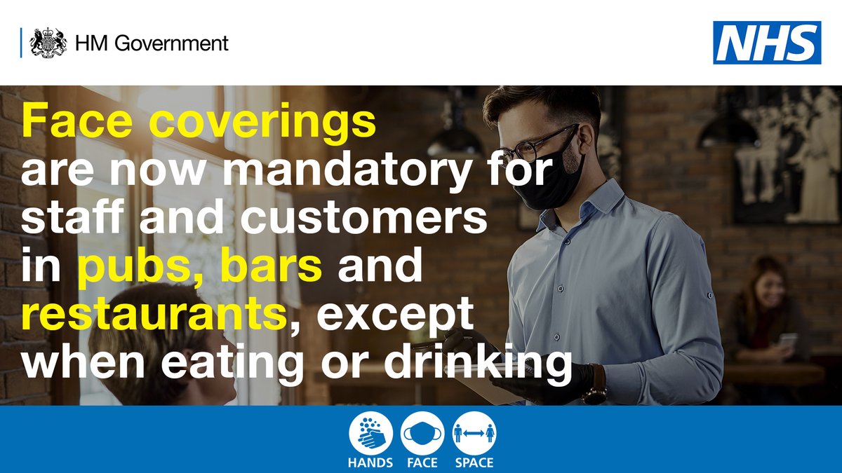 You MUST wear a face covering in pubs, bars and restaurants in England, except when eating or drinking. 

If you fail to do so, you could face a fine.  

See the guidance on face coverings 👇🏾
gov.uk/government/pub…