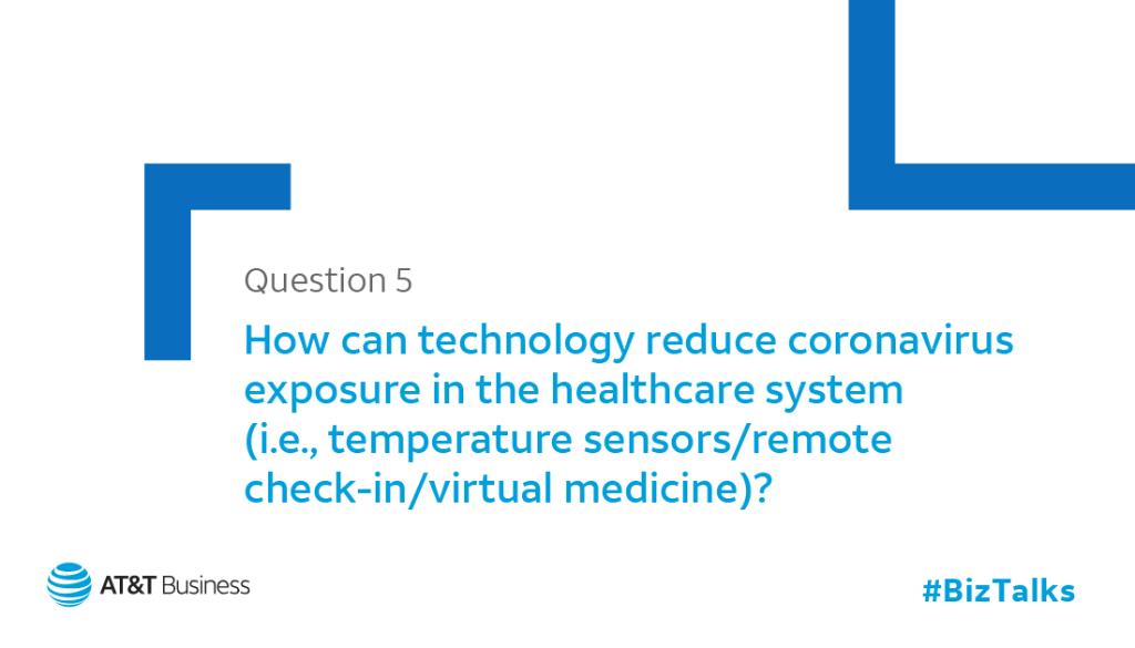 Q5: How can technology reduce coronavirus exposure in the healthcare system (i.e., temperature sensors/remote check-in/virtual medicine)?

#BizTalks #HealthTech