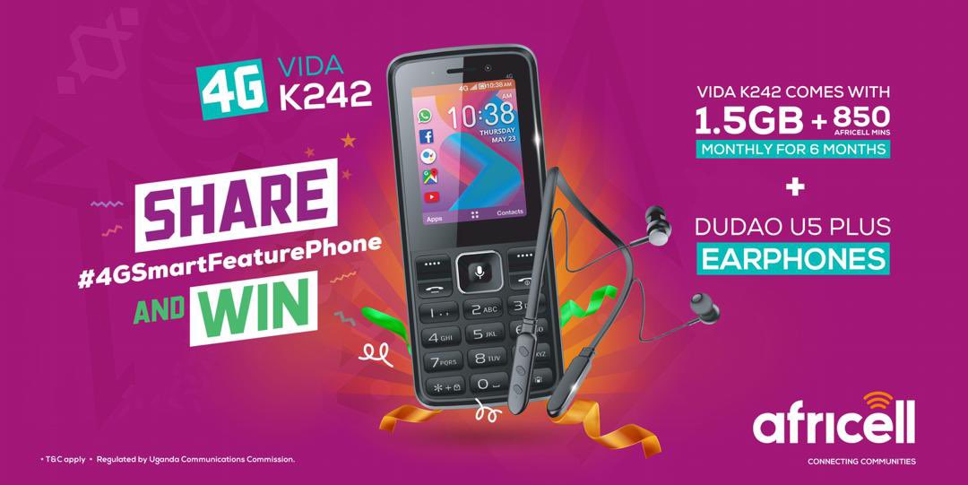 MwebeFatina's tweet photo. .@africellUG is giving you a chance to win the 4G VIDA K242 which comes with 1.5GB+850mins &amp; DUDAO U5 PLUS Earphones when you share this poster with #4GSmartFeaturePhone hashtag on ur FB,Twitter or IG. The post with the highest number of engagement by Friday 11:59hrs WINS! https://t.co/20Cu0Gv7g5