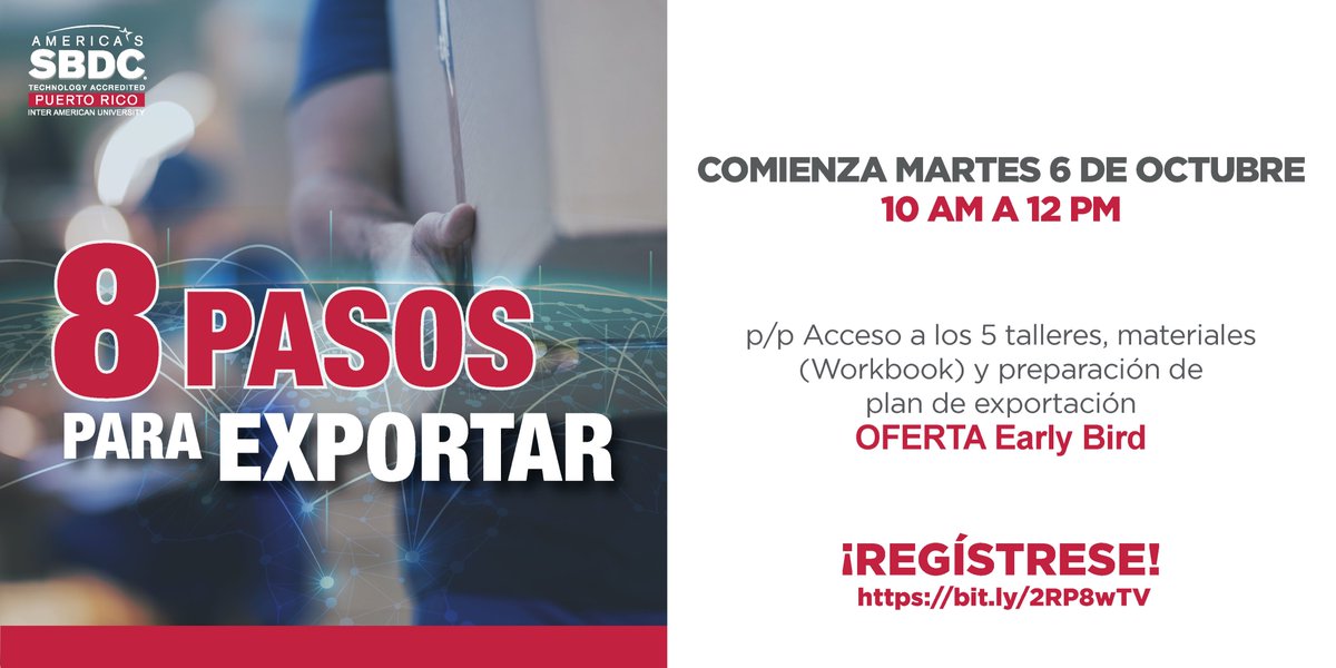 ¡Aprenda paso a paso cómo exportar sus productos!  
Desde el 6 de octubre hasta el 2 de noviembre, de 10am a 12pm,  la creadora del programa  The Riddle of the Exporter, Elyse Ericksson enseñara los 8 pasos para que logre exportar. ➡️Regístrese: bit.ly/2RNnQ3g