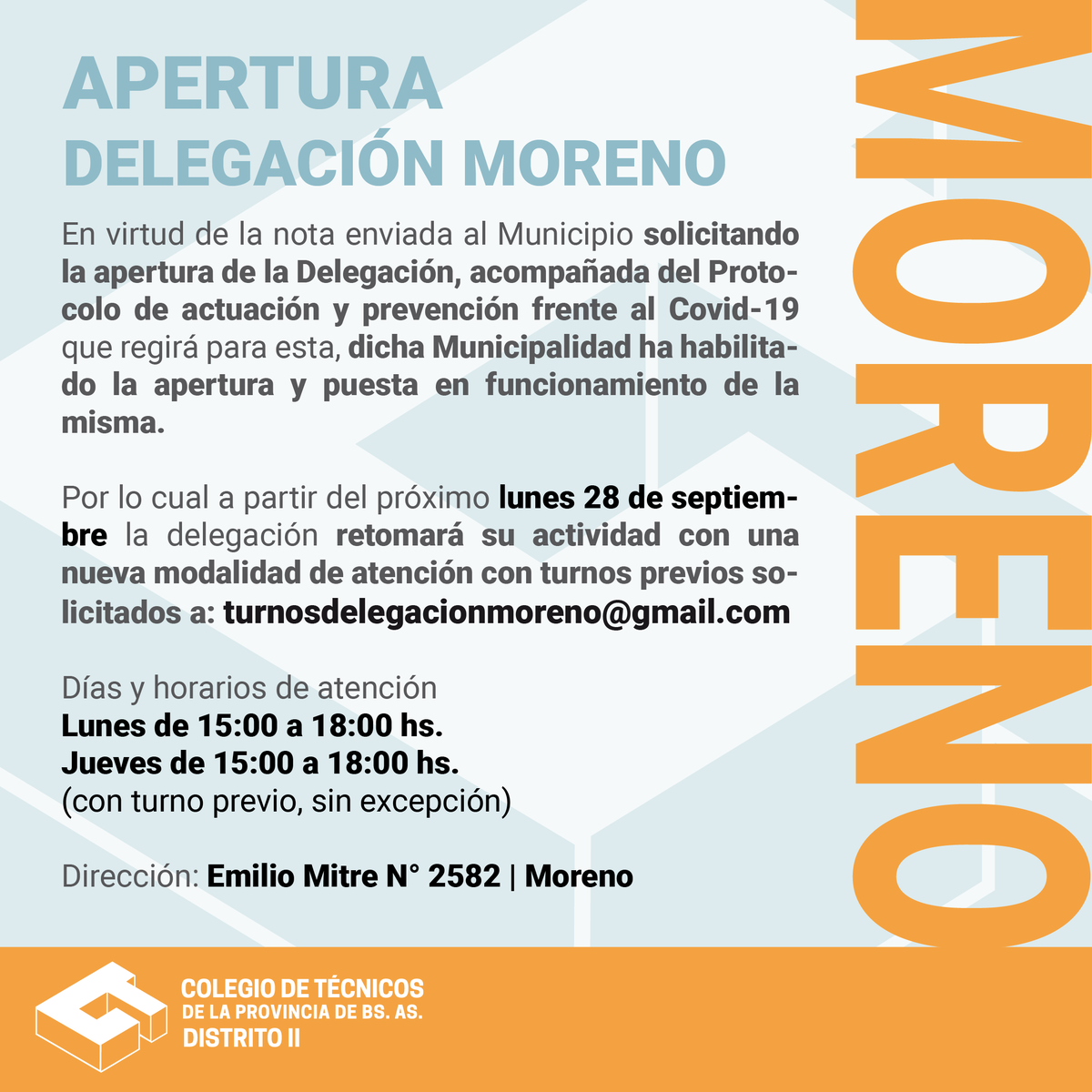 tecnicosd2's tweet photo. Apertura Delegación MORENO - Nueva Modalidad de Atención con TURNOS 📣📣📣📣
https://t.co/2EgflwscEL

#DelegacionMoreno #ColegiodeTecnicos #Distrito2 #LaMatanza #Merlo #Moreno #TresdeFebrero #Moron #Salto #Lujan #Chivilcoy #SanAdeGiles #mmo #covid19 #protocolo #prevención https://t.co/aH9fjYVIlP