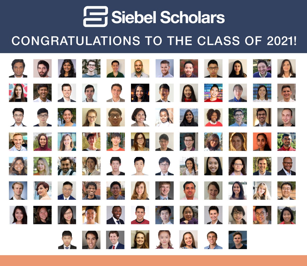 SiebelScholars's tweet image. We are thrilled to announce the #SiebelScholars Class of 2021. Congratulations to this exceptional community directly influencing the technologies, policies, economic and social decisions shaping our future! #SiebelClassOf2021 

Press Release: 
bwnews.pr/3coFQKV