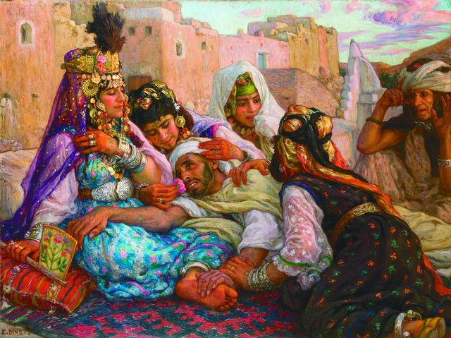 Djelfa, Bou Saada et Biskra : aux portes du désert se trouvent la tribu arabe des Ouled Nails, les femmes étaient connu pour leur grandes coiffes ornées de plumes, de voiles et de pièces.
