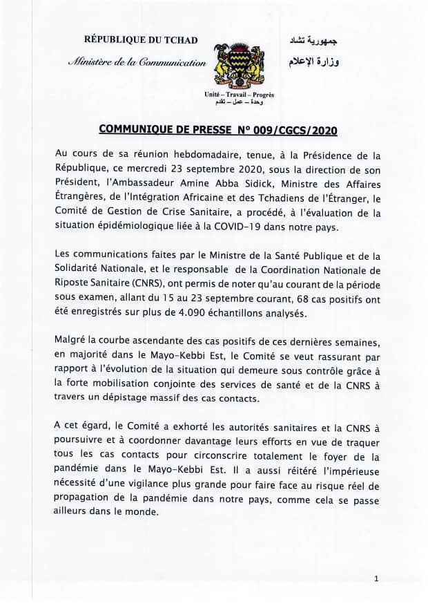 Cherif_MZ's tweet image. Communiqué de presse de la réunion du #CGCS #TCHAD tenue ce mercredi après-midi 23/09/20