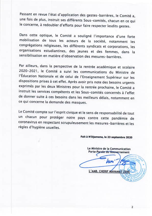Cherif_MZ's tweet image. Communiqué de presse de la réunion du #CGCS #TCHAD tenue ce mercredi après-midi 23/09/20