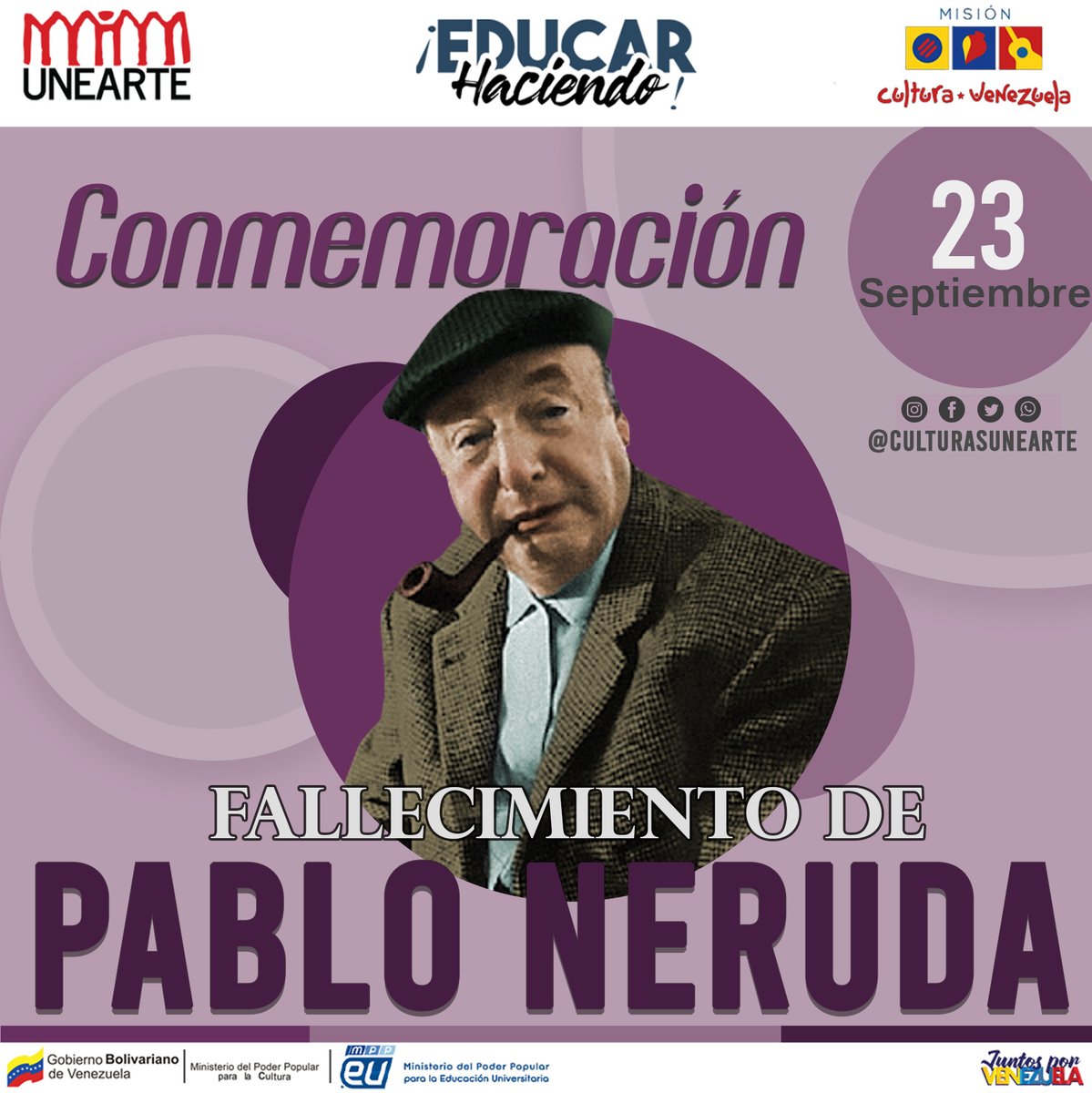 El #23 Sep de 1973, tal día como hoy hace 47 años, fallece el poeta chileno Pablo Neruda, fue Senador, miembro del Partido Comunista de y embajador de su país y ganó el Premio Nobel de Literatura. #UNEARTE #DIRECCIONDECULTURA