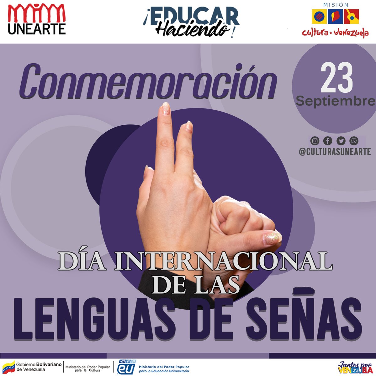 El Día Internacional de las Lenguas de Señas es una oportunidad única para apoyar y proteger la identidad lingüística y la diversidad cultural de todas las personas sordas y otros usuarios de la lengua de signos. #UNEARTE #DIRECCIONDECULTURA