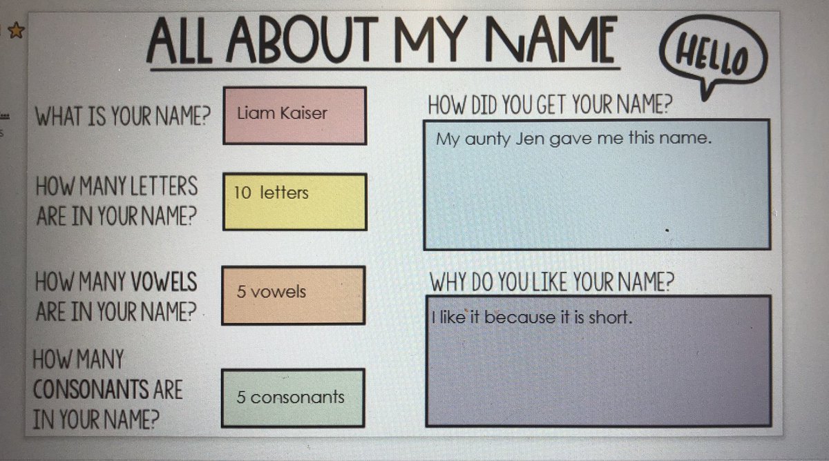 2ndGradeJKO's tweet photo. Students in Class 203 read the book #chrysanthemum by @KevinHenkes . They then completed a #googleslide all about their names. Good work everyone! @PS66JKO @GoogleForEdu #2ndgrade #responsetoreading #remotelearning https://t.co/d8SOCjZd3Y