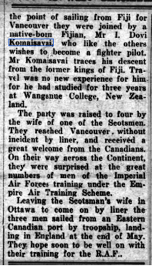 An amazing find this afternoon thanks to  @BNArchive Fijian fighter pilot I D Komaisavai  @CWGC casualty at Stonefall Cemetery appeared in several Scottish newspapers as he travelled to Canada to train.  @MichaelFieldNZ