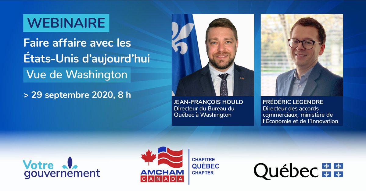 MRIF_Quebec's tweet image. 📢 Webinaire @AmChamQC 🇺🇸
Le 29 septembre, prenez part à une discussion sur l'état des affaires économiques, sociales et politiques aux États-Unis avec @JeanFrancoisHou @QcWashington et Frédéric Legendre @economie_quebec.
Inscription gratuite ➡️ bit.ly/32YjhK5
#QcUS