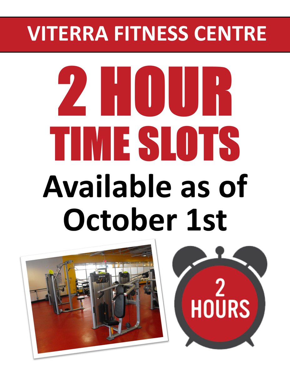 Viterra Fitness Centre gym slots will be increasing to 2 hours beginning October 1st 2020 strideplace.ca to book or by calling 204-857-7772
(this does not include the 5:35am time slot, that will remain 1 hour)