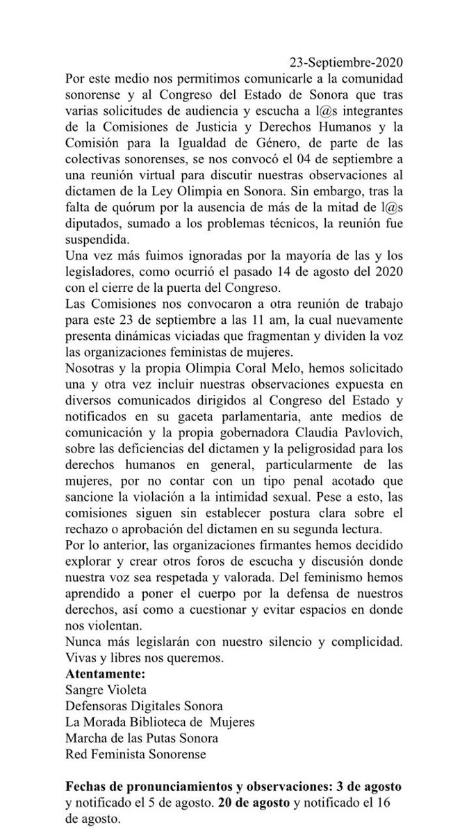 DefensoraSonora's tweet photo. ¿Por qué no nos presentaremos hoy con las comisiones que aprobaron el dictamen el pasado 31 de julio que han denominado #LeyOlimpia y ahora llaman #LeyAmplia? Aquí la respuesta, favor de compartir. https://t.co/n3zDzzfNPU