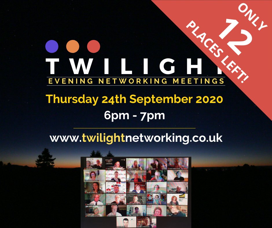 TwilightN3twork's tweet photo. There are just 12 places left at tomorrow's Twilight networking meeting. Thursday 24th September 2020, 6-7pm

https://t.co/8BE16kIRnc
-
For more info, please visit https://t.co/fqGVmVSIHp
-
#twilightnetworking #business #networking #businessnetworking #networkingevents https://t.co/dvR9ALa0ma
