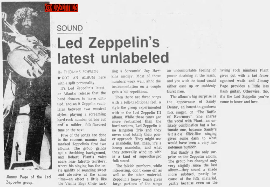 LedZepFiles's tweet photo. #LedZeppelin IV "review," Chicago Tribune, Nov. 28 1971.

In short, the guy hadn't a clue what kind of foundational rock masterpiece he had on his turntable, and probably should have been canned for this sorry attempt at a review. https://t.co/ePVzFhV79v