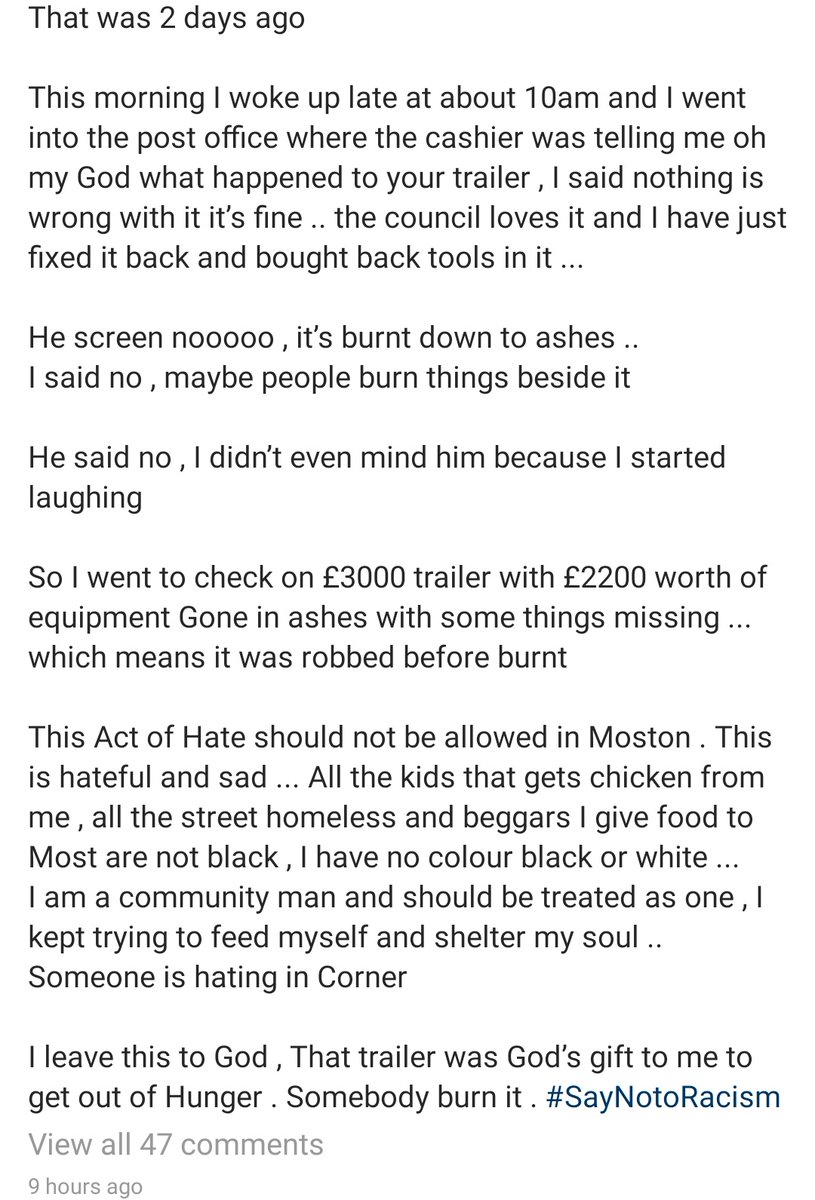 SHOSHKIGZ's tweet photo. David Kamson of Moston Suya got his food truck burned down today racists in Manchester ... disgusted that this shit is still happening in 2020 💔 https://t.co/RfnPxVMggX