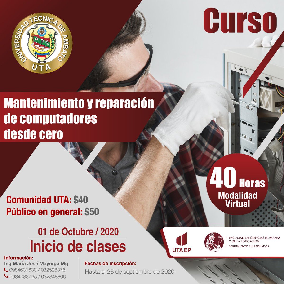 UTecnicaAmbato's tweet photo. [Cursos 2020]📈🧾📑
✔️Inscríbete en los curso organizados por la @uta_ep 
Inscripciones: Hasta el 25 de septiembre de 2020 🗂
Mayor información: 📲0984637630/0984088725 ☎️032528376/
032848866
¡No te quedes fuera! ☝️⤵️
#yosoydelauta 
#cursos https://t.co/753VHqjzow