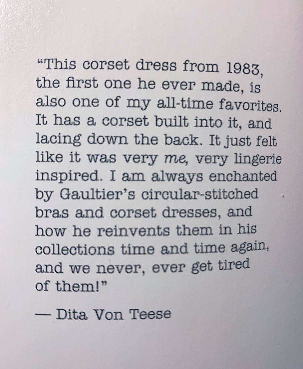 While he showed his first collection in 76 he didn’t formally launch his house til 1982 in that collection for 1983 we see the first corset gown. Here’s another view of it on Dita Von Teese and her notes on it. Note the pointed cone bra detail of a 1950s Bullet Bra.