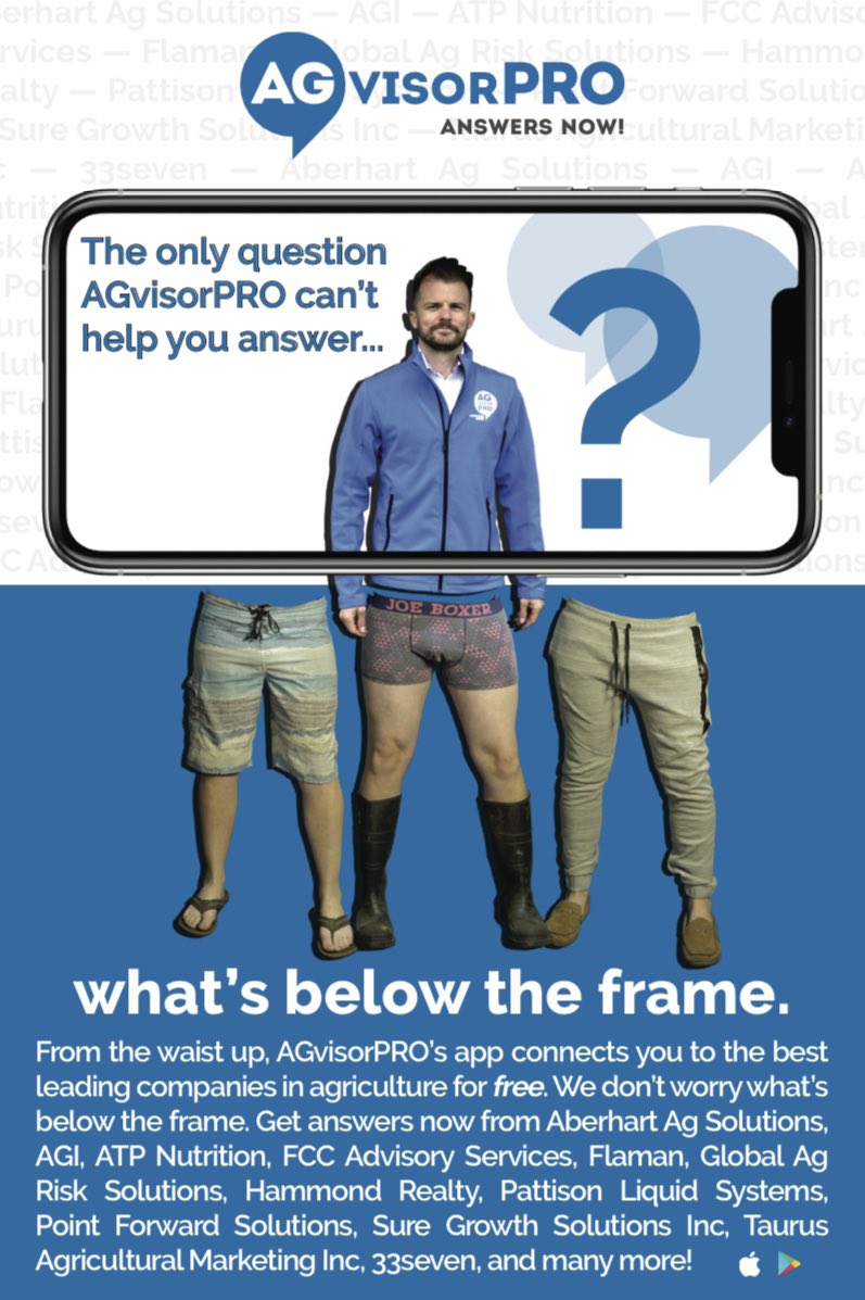 The only question AGvisorPRO can’t help answer is... what’s below the frame. From the waist up, AGvisorPRO’s app connects you to the best leading companies in agriculture for free. Get answers now.