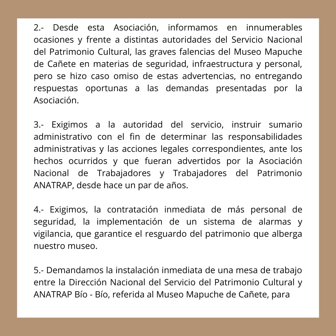 AfucapCultura's tweet photo. Respaldamos exigencias de nuestros compañerxs de @anatrap para aclarar el robo en el #MuseoMapuche de Cañete, que se responda política y administrativamente por eventuales negligencias que facilitaron este grave atentado al patrimonio nacional que no puede quedar en la impunidad. https://t.co/yMJTFPEdk1