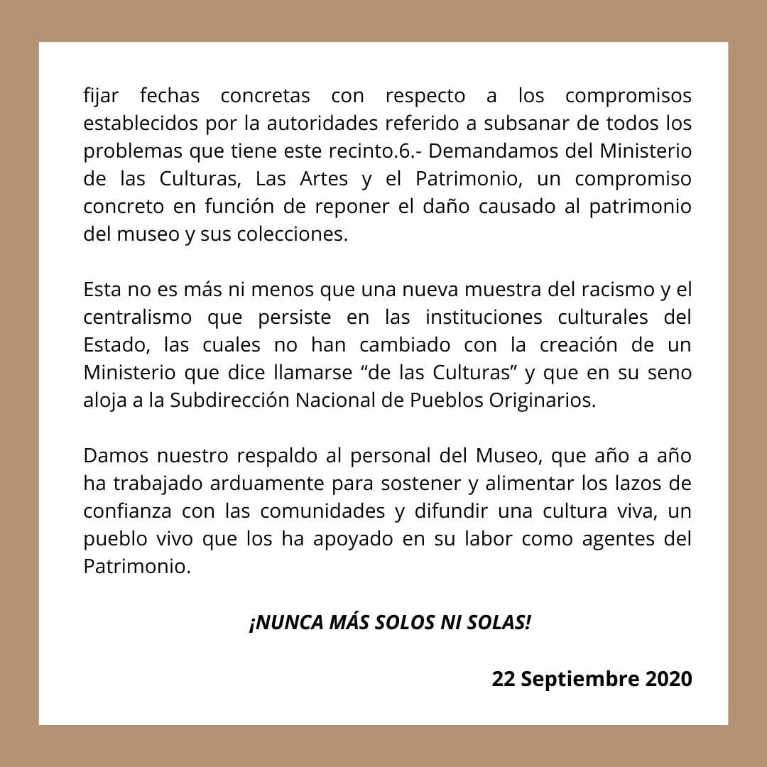 AfucapCultura's tweet photo. Respaldamos exigencias de nuestros compañerxs de @anatrap para aclarar el robo en el #MuseoMapuche de Cañete, que se responda política y administrativamente por eventuales negligencias que facilitaron este grave atentado al patrimonio nacional que no puede quedar en la impunidad. https://t.co/yMJTFPEdk1