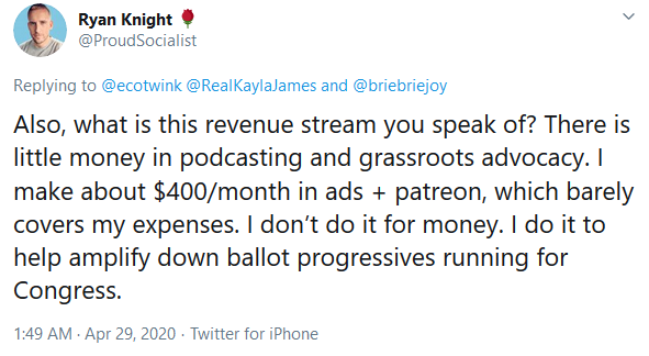 Here is my point; during that time, Ryan was getting paid thousands per month to tweet about Democratic candidates. He lives in a nice home, takes regular vacations, and has a wealthy family. Why would he need to raise $8000 to pay his vet bill? No credit cards? No small loan?...