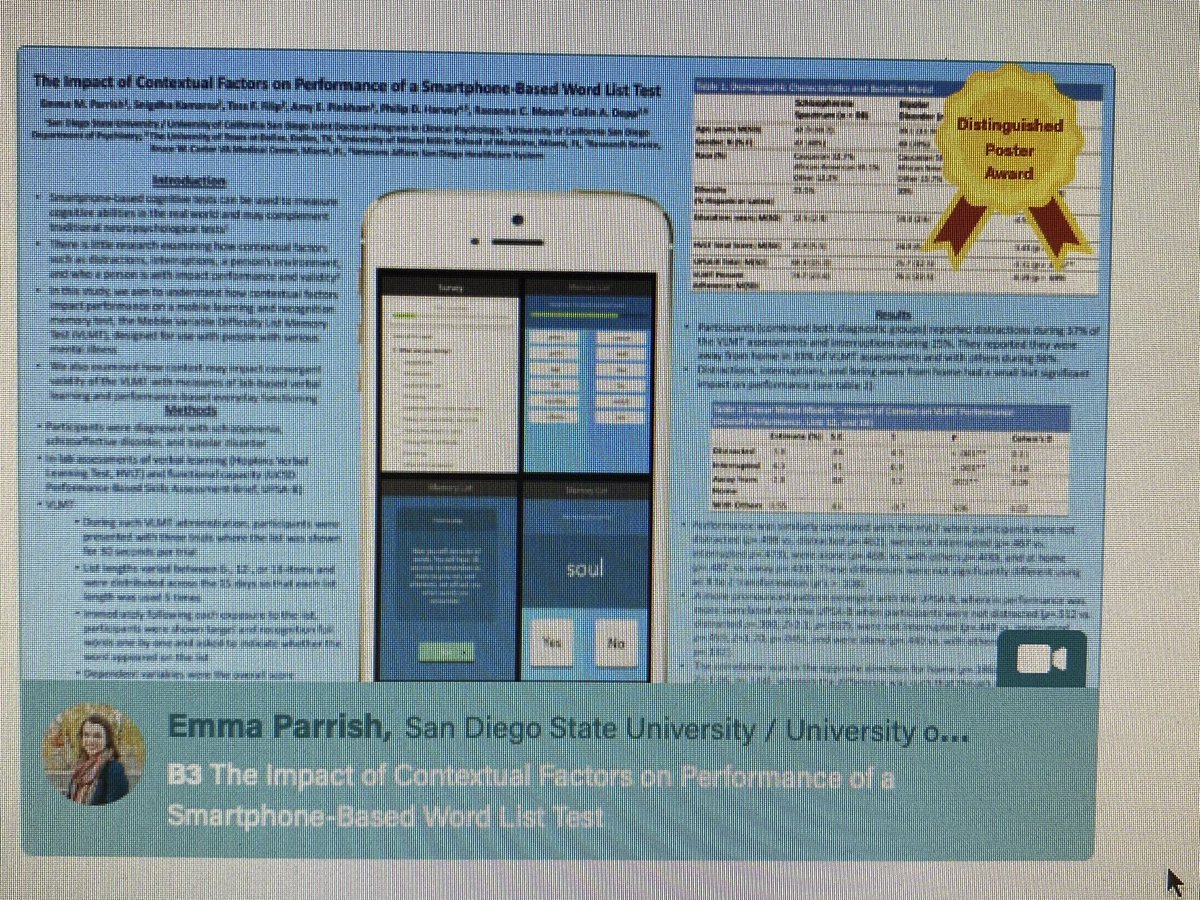 UCSDCogDynamics's tweet image. Our own ⁦@emmamparrish⁩ just won the Distinguished Poster Award at ISCTM! Context matters in mobile testing of cognition! #digitalhealth #mobilehealth #neuropsychology ⁦@UCSDMHTech⁩ ⁦@PsychiatryUcsd⁩