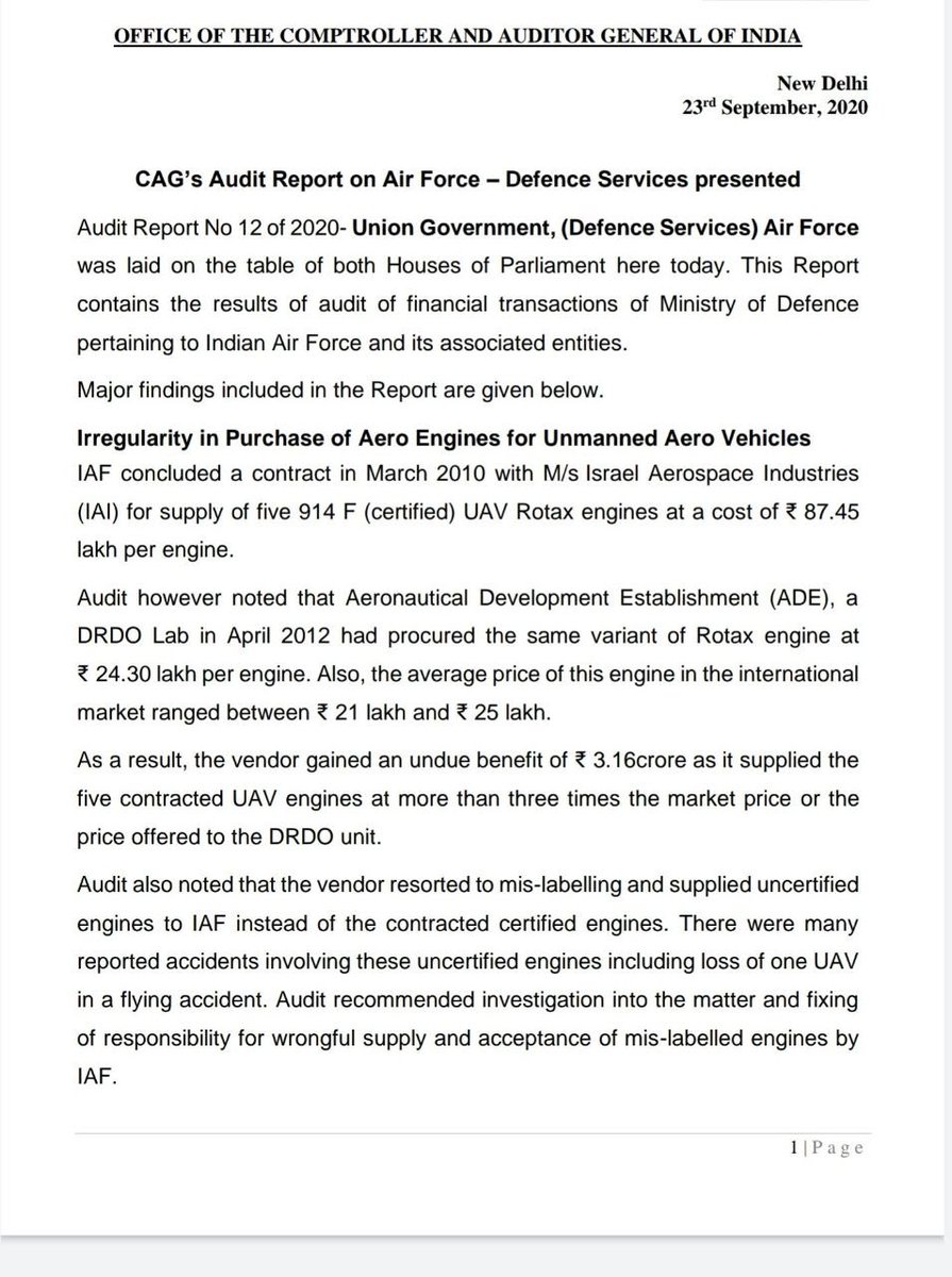 Basharatmir16's tweet photo. Another Congress Scam , in 2012 Engine for UAVs bought in 87 lacs by IAF from Israeli company while international price range between 21-25 lacs, says CAG report tabled in Parliament today. 
Even DRDO India had bought it in 24.30 lacs. @anupgandhi8 @ImRavinderRaina https://t.co/ig1z45wLza