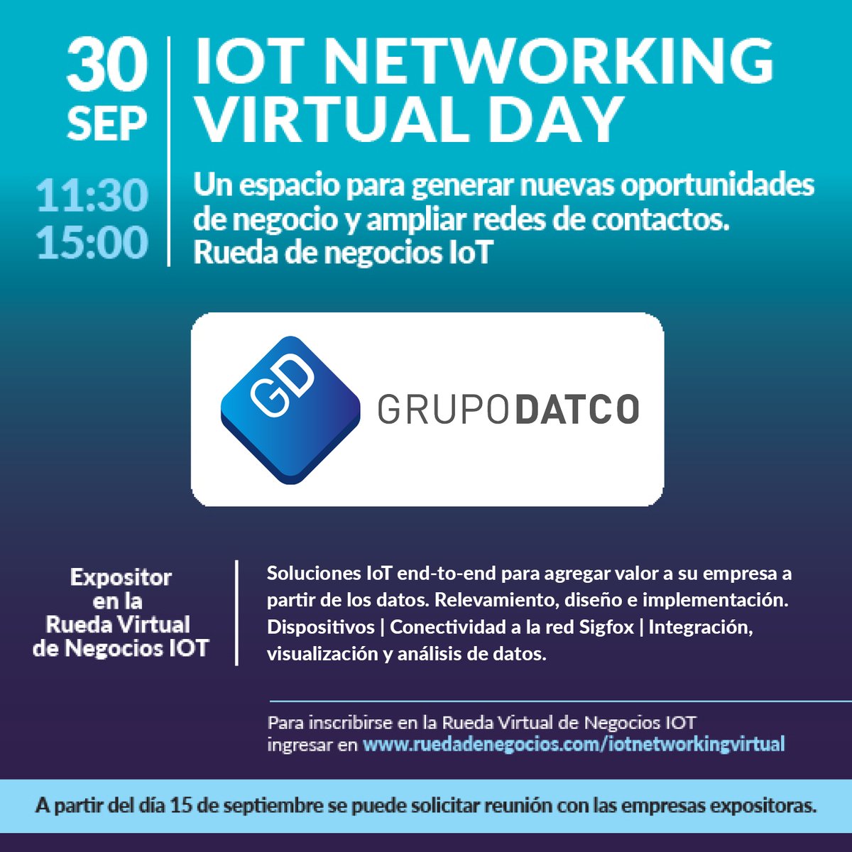CabaseAr's tweet photo. #IOTNETWORKINGVIRTUALDAY
La rueda de negocios cuenta con la participación de @grupodatco !
¡No te lo pierdas!
Para ver agenda e inscripciones ingresa aquí -> https://t.co/Fx69rSe1Fq https://t.co/LVUpEP4fnf