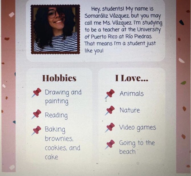 Hello, friends! 😃 Are you ready for “Know Our Team Stars”? This week, we’d like you to meet our English teacher, Somaráliz Vázquez. Who better than Somaráliz herself to talk to us a little bit about herself? 👩🏻🏫🍪🧁🎨📚
#risingstars ⭐️ #csfpr https://t.co/KCQGgUe6tp