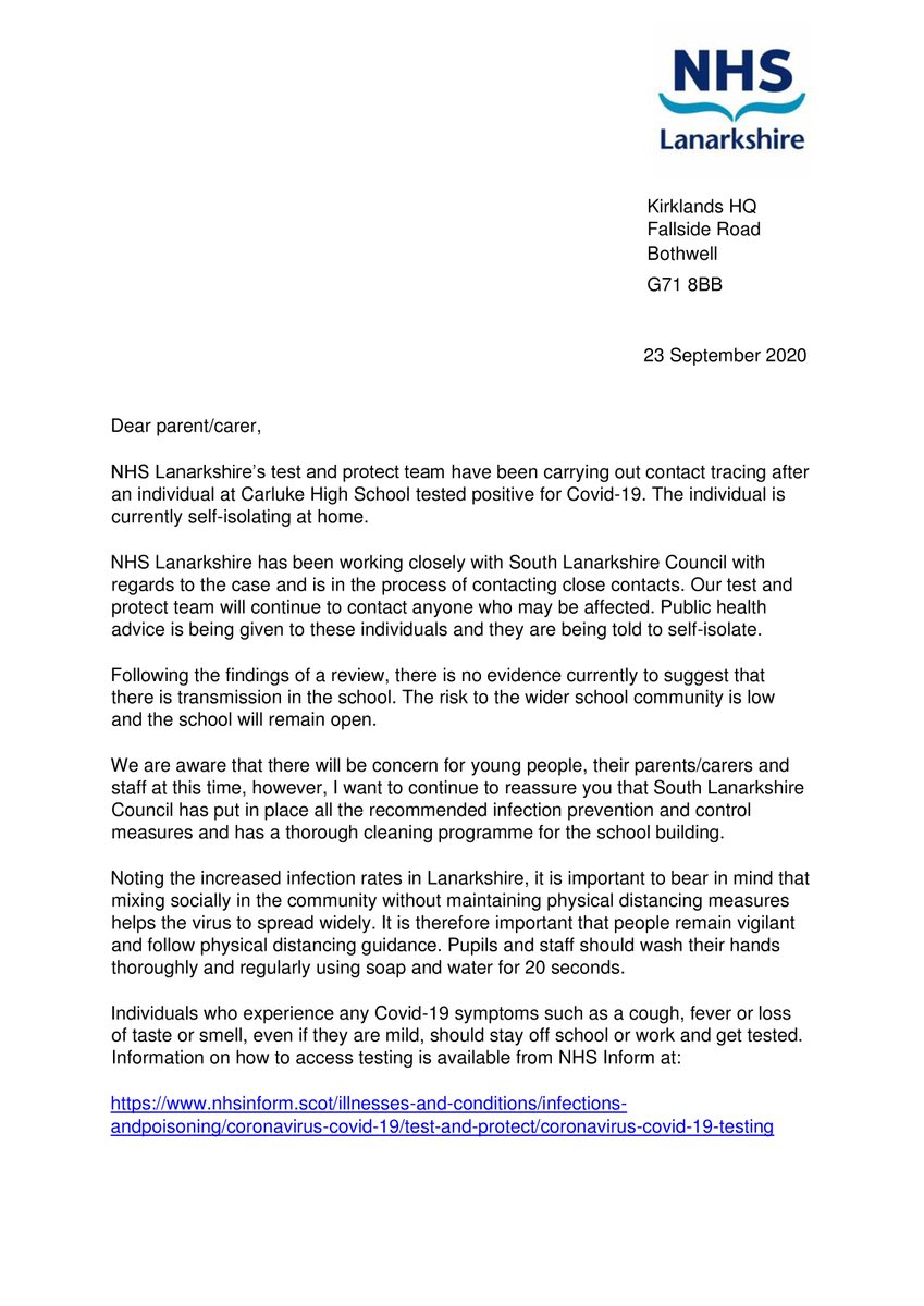 Letter from NHS Lanarkshire 23/9/20: Letter from NHS Lanarkshire to Parents and Carers dlvr.it/RhClZx