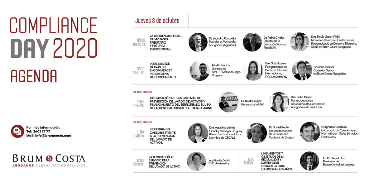 BrumCostaAbgs's tweet photo. Nueva edición de #ComplianceDay2020. 

2 jornadas de capacitación sobre prevención de lavado de activos a cargo de reconocidos expertos.

7 y 8 de octubre / 09 - 13 hs / Plataforma Digital. 

Regístrese en el siguiente link: 
https://t.co/OX10HVrDJr https://t.co/IgSV5QVSYX