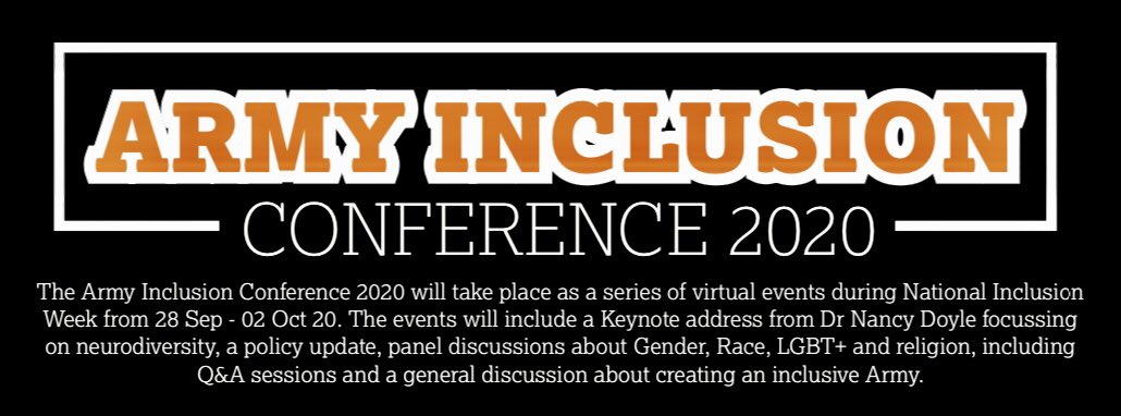 ArmyLGBT's tweet photo. The #Army #Inclusion Conference has moved online for 2020, with a great lineup of speakers throughout from 28th of September to 2nd of October. More details for personnel and Units interested in ‘attending’ is available on Defence Connect: https://t.co/fWMVln3A67 https://t.co/bbkCM4t3VF