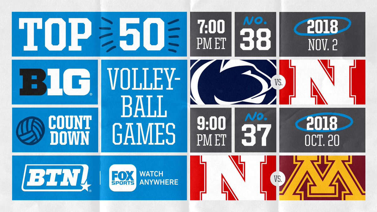 Our countdown of the Top 50 womenโs volleyball matches in BTN history continues tonight with a doubleheader.
๐ 7 PM ET: @PennStateVBALL vs. @Huskervball
๐ 9 PM ET: @Huskervball vs. @GopherVBall https://t.co/AaaiWdxm0M