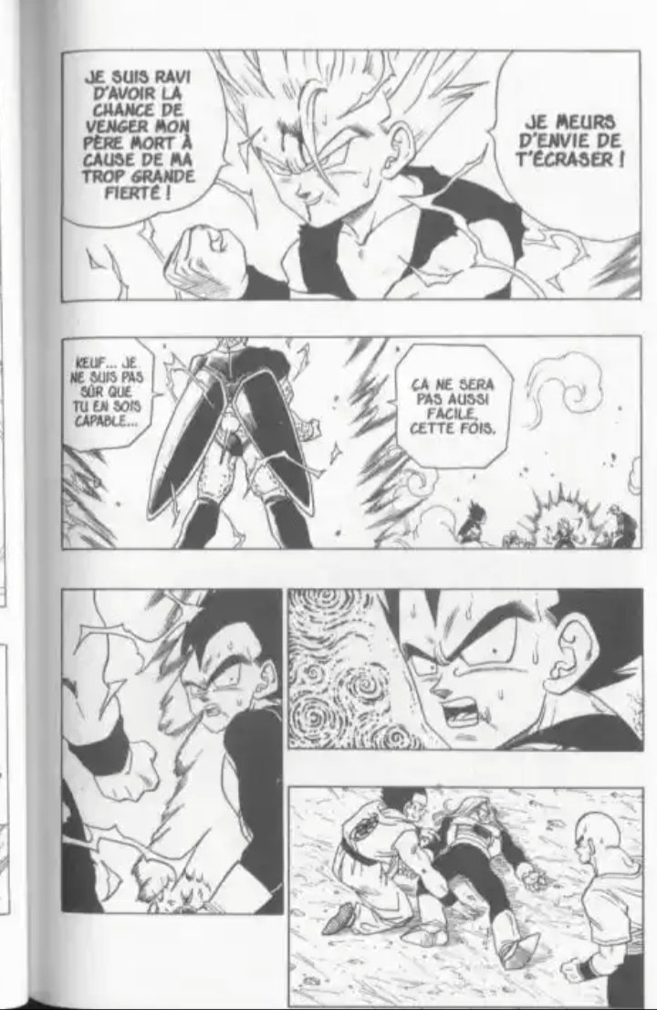 À la fin de l'arc Cell, Vegeta comprend ne pas être le plus fort et aide dans la mesure du possible Gohan. Lorsque Trunks meurt, l'humanité qu'il a acquis depuis son union avec Bulma le fait sortir de ses gonds.Symboliquement, IL S'EXCUSE (JE RAPPELLE C'EST VEGETA) envers gohan.