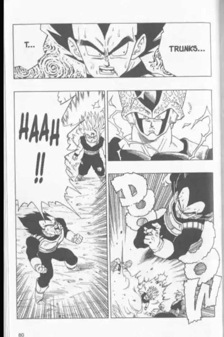 À la fin de l'arc Cell, Vegeta comprend ne pas être le plus fort et aide dans la mesure du possible Gohan. Lorsque Trunks meurt, l'humanité qu'il a acquis depuis son union avec Bulma le fait sortir de ses gonds.Symboliquement, IL S'EXCUSE (JE RAPPELLE C'EST VEGETA) envers gohan.