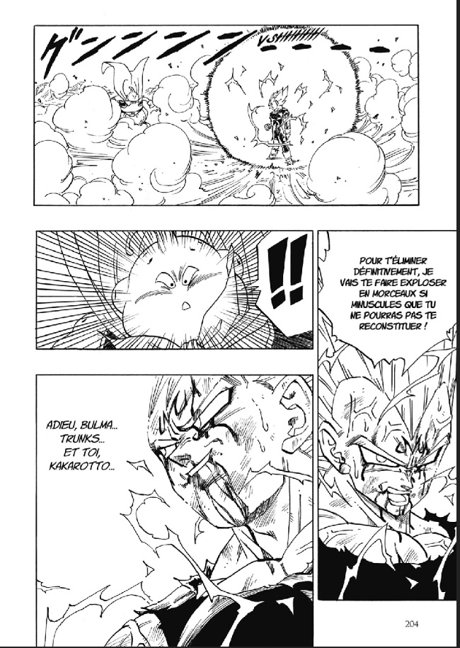 Il affronte Goku dans un combat d'anthologie et finit par se rendre compte de son erreur et est pris de remords de ses péchés...Il décide donc d'affronter Buu, en vain et se sacrifie, pensant sauver la planète, dans une dernière tirade pleine de sens